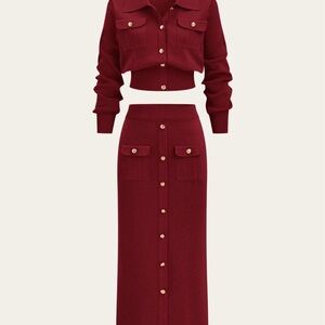 Burgundy Metal Button Collared Cardigan and Skirt Set